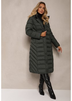 Ciemnozielona Długa Kurtka z Pikowanymi Przeszyciami i Kapturem z Możliwością Odpięcia Realithra ze sklepu renee.pl w kategorii Kurtki damskie - zdjęcie 187314909