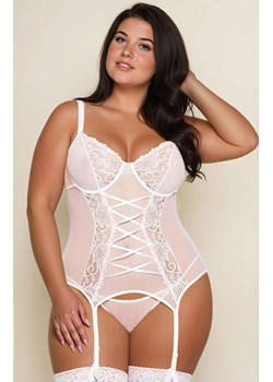 Biały gorset z paskami do pończoch i stringi plus size Brenda, Kolor biały, Rozmiar XL, SoftLine Collection ze sklepu Intymna w kategorii Komplety bielizny damskiej - zdjęcie 187323805