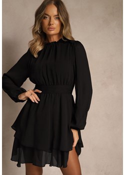Czarna Sukienka z Siateczki o Rozkloszowanym Kroju z Bufiastymi Rękawami Aziva ze sklepu renee.pl w kategorii Sukienki - zdjęcie 187338149