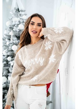 świąteczny krótki sweter print merry polski producent tmc beżowo biały ze sklepu STYLOWO w kategorii Swetry damskie - zdjęcie 187338226