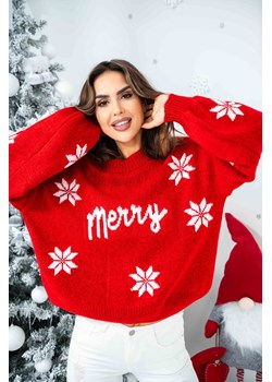 świąteczny krótki sweter print merry polski producent tmc - czerwono -biały ze sklepu STYLOWO w kategorii Swetry damskie - zdjęcie 187338229