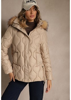 Ciemnobeżowa Pudełkowa Kurtka z Pikowanymi Przeszyciami i Odpinanym Kapturem z Futrem Liliarna ze sklepu renee.pl w kategorii Kurtki damskie - zdjęcie 187339958