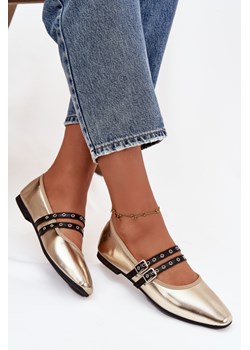 Baleriny Z Paskami Eko Skórzane Złote Deliora ze sklepu ZAZOO w kategorii Balerinki - zdjęcie 187342599
