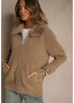 Ciemnobeżowy Zasuwany Kardigan z Wełną z Futerkowym Kołnierzem Asiste ze sklepu renee.pl w kategorii Swetry damskie - zdjęcie 187347879