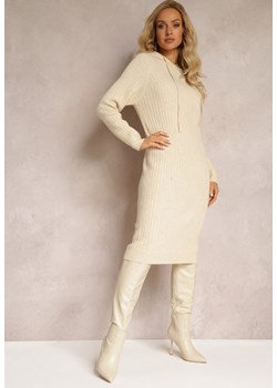 Beżowa Wełniana Sukienka w Prążki z Kapturem Opiuda ze sklepu renee.pl w kategorii Sukienki - zdjęcie 187353266