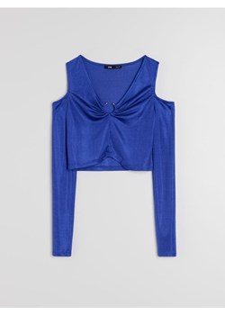 Sinsay - Welurowa bluzka z odkrytymi ramionami i marszczeniem przy dekolcie - niebieski ze sklepu Sinsay w kategorii Bluzki damskie - zdjęcie 187358986