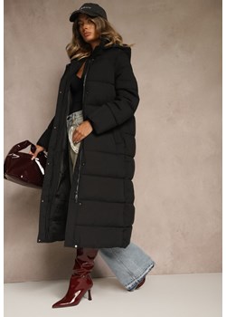 Czarna Kurtka o Długim Kroju z  Kapturem Ozdobiona Pikowaniem Aforriva ze sklepu renee.pl w kategorii Kurtki damskie - zdjęcie 187363075