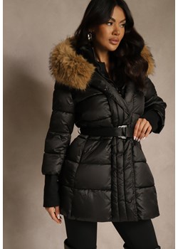 Czarna Pikowana Kurtka z Paskiem i Kapturem z Futerkiem Lilittia ze sklepu renee.pl w kategorii Kurtki damskie - zdjęcie 187363085