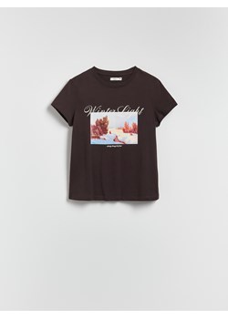 Reserved - Bawełniany t-shirt z nadrukiem - ciemnobrązowy ze sklepu Reserved w kategorii Bluzki damskie - zdjęcie 187363627