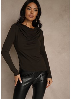 Brązowa Bluzka Longsleeve o Asymetrycznym Kroju z Poduszkami w Ramionach Tusandia ze sklepu renee.pl w kategorii Bluzki damskie - zdjęcie 187368317