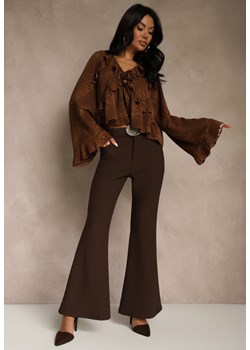 Brązowe Spodnie Flare z Wiskozy i Bawełny z Paskiem w Kowbojskim Stylu Tusiera ze sklepu renee.pl w kategorii Spodnie damskie - zdjęcie 187368387