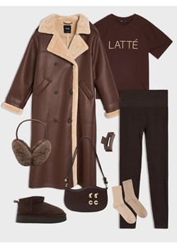 Sinsay - Długi płaszcz z imitacji skóry - brązowy ze sklepu Sinsay w kategorii Płaszcze damskie - zdjęcie 187371789