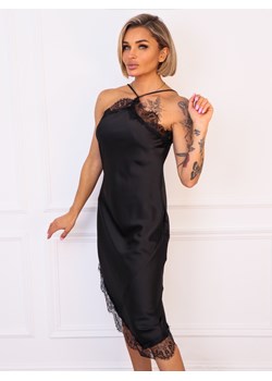 SUKIENKA  SATYNOWA Z KORONKĄ I DEKOLTEM HALTER- CZARNA ze sklepu olika.com.pl w kategorii Sukienki - zdjęcie 187374368