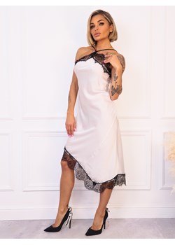 SUKIENKA  SATYNOWA Z KORONKĄ I DEKOLTEM HALTER- BIAŁA ze sklepu olika.com.pl w kategorii Sukienki - zdjęcie 187374376