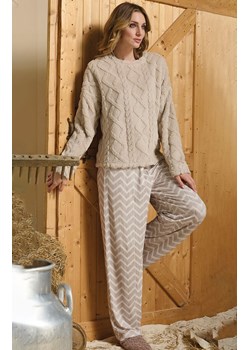 Ciepła piżama damska z pluszową bluzą beżowa SOFIE, Kolor beżowy-wzór, Rozmiar L, Sorbetto ze sklepu Primodo w kategorii Piżamy damskie - zdjęcie 187376875