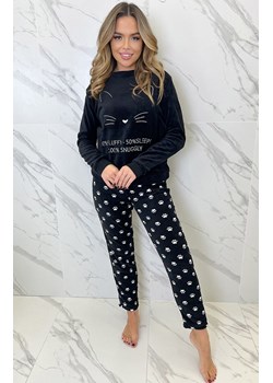 Ciepła piżama damska polarowa z kotkiem czarna FULVIA, Kolor czarny-wzór, Rozmiar L, Sorbetto ze sklepu Intymna w kategorii Piżamy damskie - zdjęcie 187377919