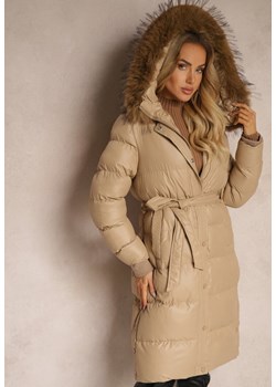 Beżowa Kurtka Pikowana o Długim Kroju z Kapturem Wiązana w Pasie z Odpinanym Futerkiem Phorira ze sklepu renee.pl w kategorii Kurtki damskie - zdjęcie 187381546