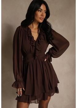Ciemnobrązowa Siateczkowa Sukienka o Rozkloszowanym Fasonie z Falbankami Zenniria ze sklepu renee.pl w kategorii Sukienki - zdjęcie 187381556