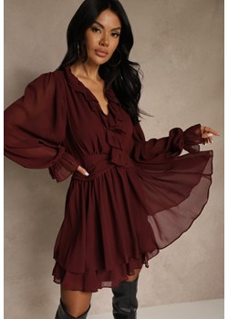 Bordowa Siateczkowa Sukienka o Rozkloszowanym Fasonie z Falbankami Zenniria ze sklepu renee.pl w kategorii Sukienki - zdjęcie 187381559