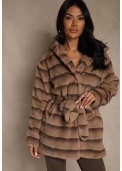 Beżowa Kurtka Futrzana z Nieodpinanym Kapturem Ozdobiona Paskiem Zetelia ze sklepu renee.pl w kategorii Futra damskie - zdjęcie 187381606