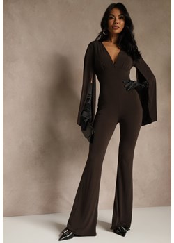 Brązowy Dopasowany Kombinezon z Rozkloszowanymi Rękawami i Głębokim Dekoltem Andrika ze sklepu renee.pl w kategorii Kombinezony damskie - zdjęcie 187381626