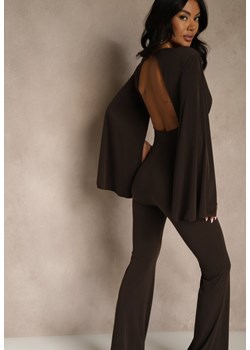 Brązowy Dopasowany Kombinezon z Rozkloszowanymi Rękawami i Głębokim Dekoltem Andrika ze sklepu renee.pl w kategorii Kombinezony damskie - zdjęcie 187381627