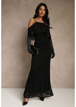 Czarna Sukienka o Asymetrycznym Kroju Ozdobiona Falbaną Owedia ze sklepu renee.pl w kategorii Sukienki - zdjęcie 187381636