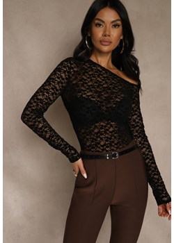Czarna Bluzka Longsleeve z Koronki z Asymetrycznym Dekoltem Liwedisa ze sklepu renee.pl w kategorii Bluzki damskie - zdjęcie 187381646