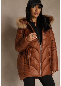 Brązowa Trapezowa Kurtka z Pikowanymi Przeszyciami i Kapturem z Odpinanym Futrem Deoiala ze sklepu renee.pl w kategorii Kurtki damskie - zdjęcie 187381666