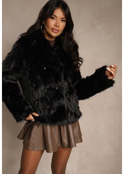 Czarna Krótka Kurtka Futerko o Jednorzędowym Kroju z Kołnierzem Alindrie ze sklepu renee.pl w kategorii Futra damskie - zdjęcie 187382848