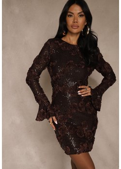 Brązowa Dopasowana Sukienka Ozdobiona Cekinami i Kwiatami 3D Raweda ze sklepu renee.pl w kategorii Sukienki - zdjęcie 187382858