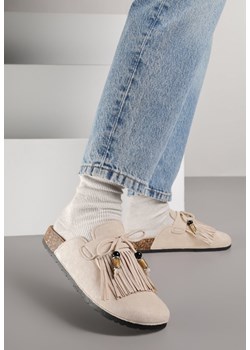 Beżowe Boho Klapki Mule z Imitacji Zamszu z Frędzlami i Koralikami Elwedila ze sklepu renee.pl w kategorii Klapki damskie - zdjęcie 187384607