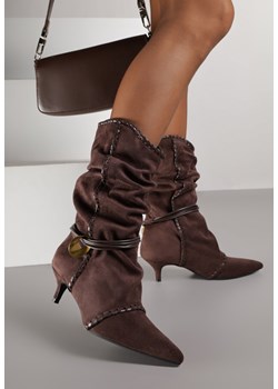 Brązowe Botki na Kaczuszce Slouchy Ozdobione Metaliczną Aplikacją i Sznurkiem Avodvire ze sklepu renee.pl w kategorii Botki - zdjęcie 187384649