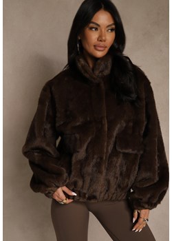 Brązowa Futrzana Kurtka Bomberka z Kieszeniami Tiwedela ze sklepu renee.pl w kategorii Futra damskie - zdjęcie 187385857
