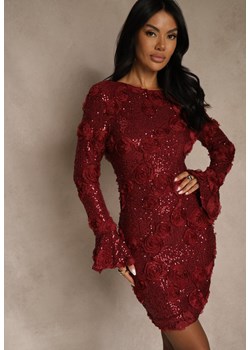 Bordowa Dopasowana Sukienka Ozdobiona Cekinami i Kwiatami 3D Raweda ze sklepu renee.pl w kategorii Sukienki - zdjęcie 187385867