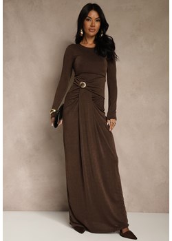 Brązowa Marszczona Sukienka Longsleeve Zdobiona Aplikacją w Talii Siweda ze sklepu renee.pl w kategorii Sukienki - zdjęcie 187385897