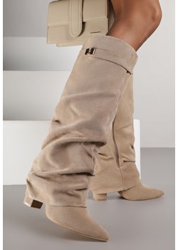 Ciemnobeżowe Marszczone Kozaki na Słupkowym Obcasie z Wywiniętą Cholewką Runella ze sklepu renee.pl w kategorii Kozaki damskie - zdjęcie 187385927