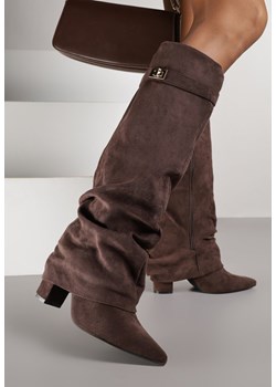 Brązowe Kozaki na Słupku z Marszczoną Cholewką Imitującą Nogawkę Rittia ze sklepu born2be.pl w kategorii Kozaki damskie - zdjęcie 187386445