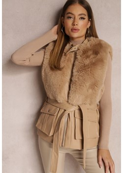 Beżowa Kamizelka  z Futerka i Ekoskóry Wiązana w Pasie Ondoli ze sklepu renee.pl w kategorii Kamizelki damskie - zdjęcie 187387989