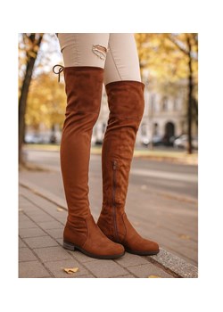 Karmelowe kozaki na płaskim obcasie /E8-3 18460 W376/ ze sklepu Pantofelek24.pl w kategorii Kozaki damskie - zdjęcie 187388665