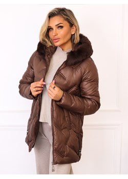 KURTKA ASYMETRYCZNA PIKOWANA Z FUTERKIEM- BRĄZOWA ze sklepu olika.com.pl w kategorii Kurtki damskie - zdjęcie 187389645