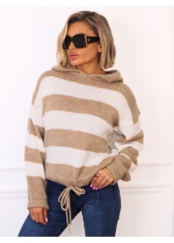 SWETER W PASKI Z KAPTUREM I ŚCIĄGACZEM NA DOLE- BEŻOWY ze sklepu olika.com.pl w kategorii Swetry damskie - zdjęcie 187389726