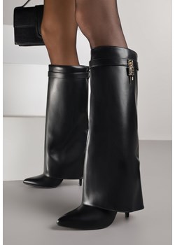 Czarne Kozaki na Szpilce z Wywiniętą Cholewką Zdobioną Aplikacją Kłódką Vetidore ze sklepu renee.pl w kategorii Kozaki damskie - zdjęcie 187396149