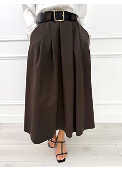 Czekoladowa Rozkloszowana Spódnica Midi z Paskiem ze sklepu ModnaKiecka.pl w kategorii Spódnice - zdjęcie 187470166