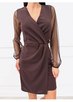 Czekoladowa Elegancka Sukienka z Połyskującymi Rękawami ze sklepu ModnaKiecka.pl w kategorii Sukienki - zdjęcie 187470186