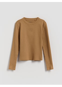 Reserved - Prążkowana bluzka z aplikacją - beżowy ze sklepu Reserved w kategorii Bluzki dziewczęce - zdjęcie 187472648