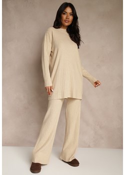 Beżowy Komplet Prążkowany z Bawełną Sweter Oversize i Szerokie Spodnie Wedorena ze sklepu renee.pl w kategorii Komplety i garnitury damskie - zdjęcie 187473229