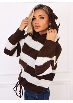 SWETER W PASKI Z KAPTUREM I ŚCIĄGACZEM NA DOLE- CZEKOLADOWY ze sklepu olika.com.pl w kategorii Swetry damskie - zdjęcie 187485145