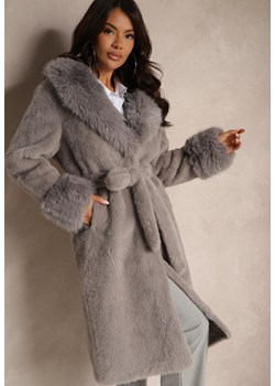Szary Futrzany Płaszcz z Wiązanym Paskiem Ozdobnym Kołnierzem i Mankietami Viaressa ze sklepu renee.pl w kategorii Futra damskie - zdjęcie 187486017