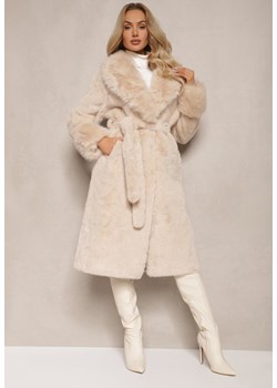 Beżowy Futrzany Płaszcz z Wiązanym Paskiem Ozdobnym Kołnierzem i Mankietami Viaressa ze sklepu renee.pl w kategorii Futra damskie - zdjęcie 187486346